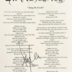 Amy Lee Signed Autographed Evanescence “Bring Me To Life” Lyric Sheet JSA COA
