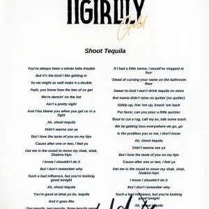 TIGIRLILY GOLD SIGNED AUTOGRAPH SHOOT TEQUILLA LYRIC SHEET ACOA COUNTRY BAND