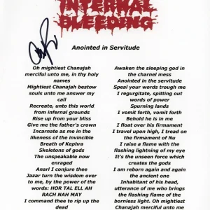 INTERNAL BLEEDING SIGNED AUTOGRAPH LYRIC SHEET ACOA CHRIS PERVELIS METAL BAND
