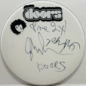 JOHN DENSMORE R. KRIEGER Signed Autograph 13" Drumhead Love Me 2x THE DOORS JSA
