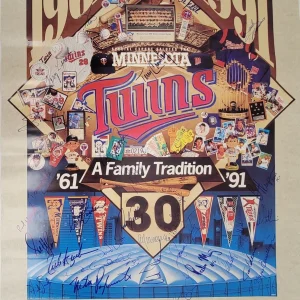 1991 Minnesota Twins World Series Champs Team Signed 18x24 Poster Beckett COA
