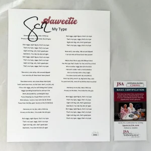 Saweetie Signed Lyric Sheet JSA COA