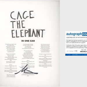 MATT SHULTZ SIGNED CAGE THE ELEPHANT IN ONE EAR LYRIC SHEET w/EXACT PROOF & COA