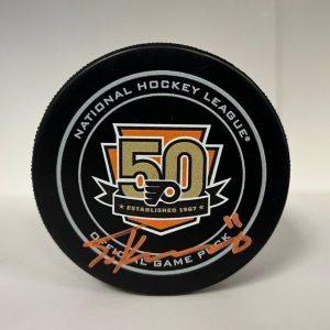 TRAVIS KONECNY FLYERS 50TH ANNIVERSARY SIGNED AUTOGRAPHED HOCKEY PUCK JSA AUTH *