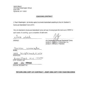 PEARL WASHINGTON HAND SIGNED CONTRACT FOR 2015 BOEHEIM FANTASY CAMP+COA RARE