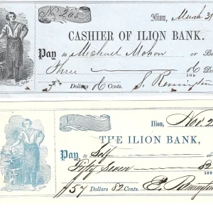 E. Remington & Sons SIGNED Set of 2 Personal Checks Lot COA Eliphalet & Samuel