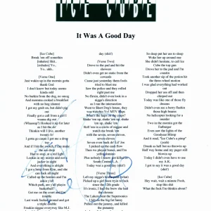 Ice Cube Signed "It Was A Good Day" Lyric Sheet Autograph Rapper NWA Beckett COA