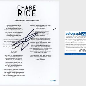 Chase Rice ‘Drinkin’ Beer. Talkin’ God. Amen.’ Country Signed Lyric Sheet ACOA
