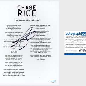 Chase Rice ‘Drinkin’ Beer. Talkin’ God. Amen.’ Country Signed Lyric Sheet ACOA