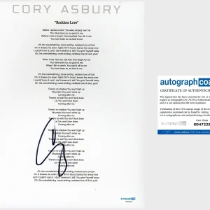 Cory Asbury ‘Reckless Love’ Signed Lyric Sheet Christian Music ACOA PROOF￼