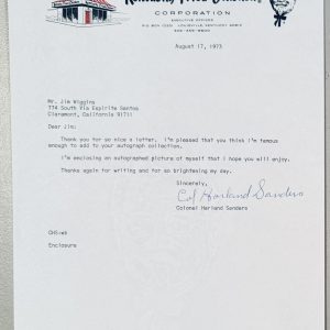 Colonel Harland Sanders Autographed 8.5 x 11 KFC Typed Letter Signed JSA Cert