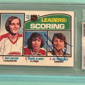 GUY LAFLEUR, BOBBY CLARKE & PIERREAULT Signed 1976-77 TOPPS Card #3 Beckett BAS