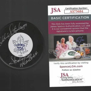 Eddie Litzenberger Signed & Inscribed Toronto Maple Leafs Vintage Puck JSA COA