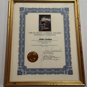 Rare PERSONALLY OWNED Johnny Unitas 1986 Ed Block Courage Award Baltimore Colts