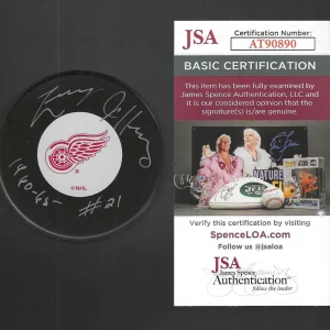Larry Jeffrey Signed & Inscribed Detroit Red Wings Vintage Logo Puck JSA COA