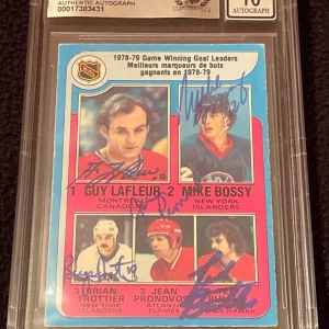 1979-80 O-Pee-Chee GWG Signed Leaders Card #7 LaFleur Bossy Trottier Beckett 10