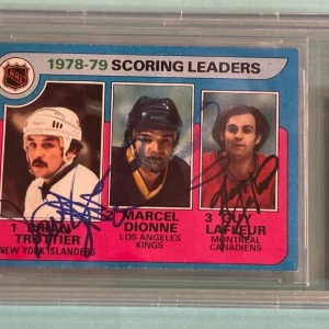 TROTTIER, LAFLEUR, & DIONNE Signed 1979-80 TOPPS Card #3 BAS