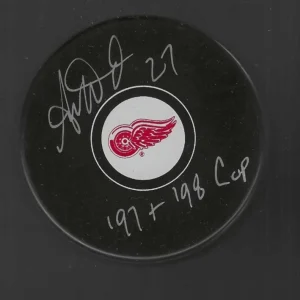 Aaron Ward Signed & Inscribed Detroit Red Wings Puck