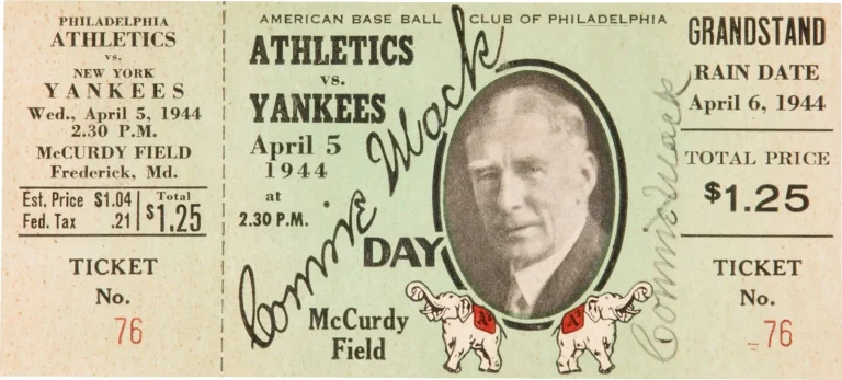RARE CONNIE MACK SIGNED APRIL 5, 1944 “CONNIE MACK DAY TICKET “WITH JSA COA COLLECTIBLE MEMORABILIA
