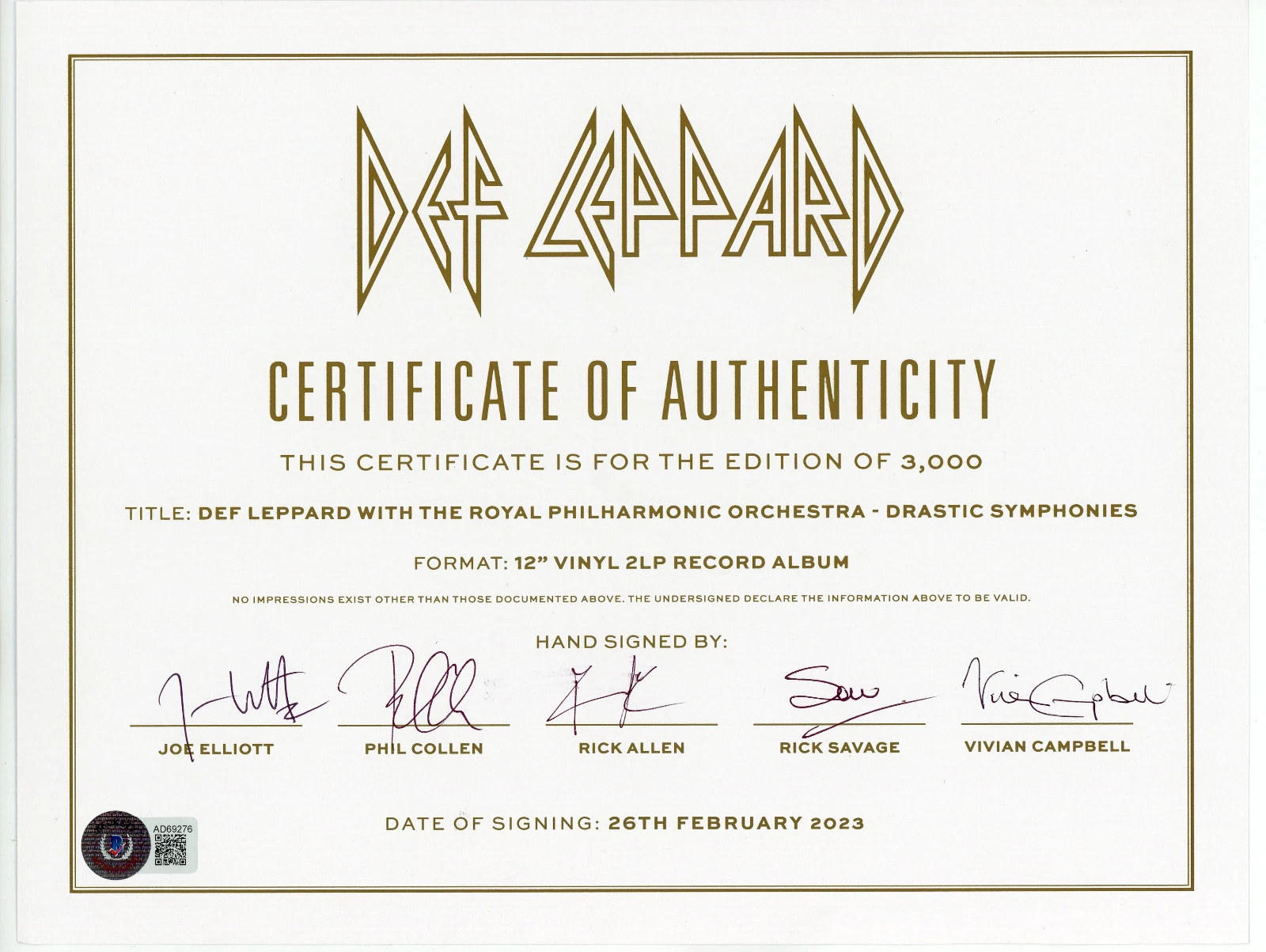 DEF LEPPARD SIGNED BY ENTIRE BAND CERTIFICATE OF AUTHENTICITY BAS ...