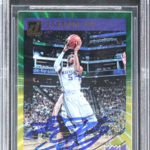 De'Aaron Fox Signed 2018 Donruss Holo Green And Yellow Laser #51 Card BAS Slab