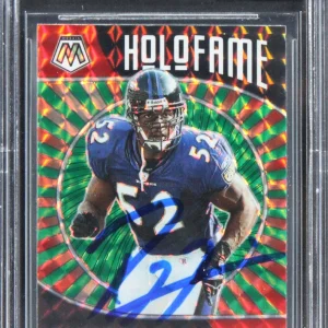 Ray Lewis Signed 2021 Panini Mosaic Green Holofame #1 Card Auto 10 BAS Slabbed