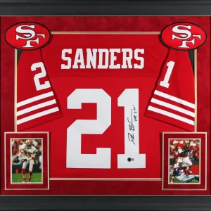 49ers Deion Sanders "HOF 2011" Authentic Signed Red M&N TB Framed Jersey BAS Wit