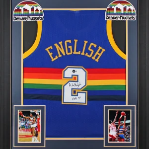 Alex English "HOF 97" Signed Blue TB Pro Style Framed Jersey BAS Witnessed
