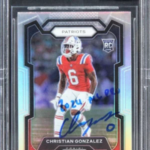 Pats Christian Gonzalez Signed 2023 Panini Prizm S #369 RC Card Auto 10 BAS Slab