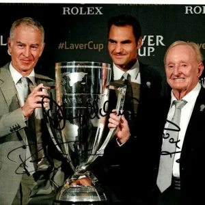 JOHN MCENROE ROD LAVER and ROGER FEDERER Signed 8x10 TENNIS Photo w Hologram COA