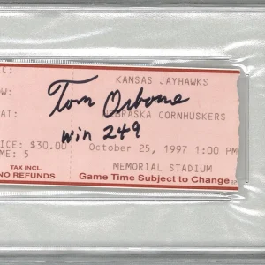 TOM OSBORNE SIGNED 10/25/97 TICKET PSA #85 W/ WIN 249 INSCRIBED HUSKERS RARE