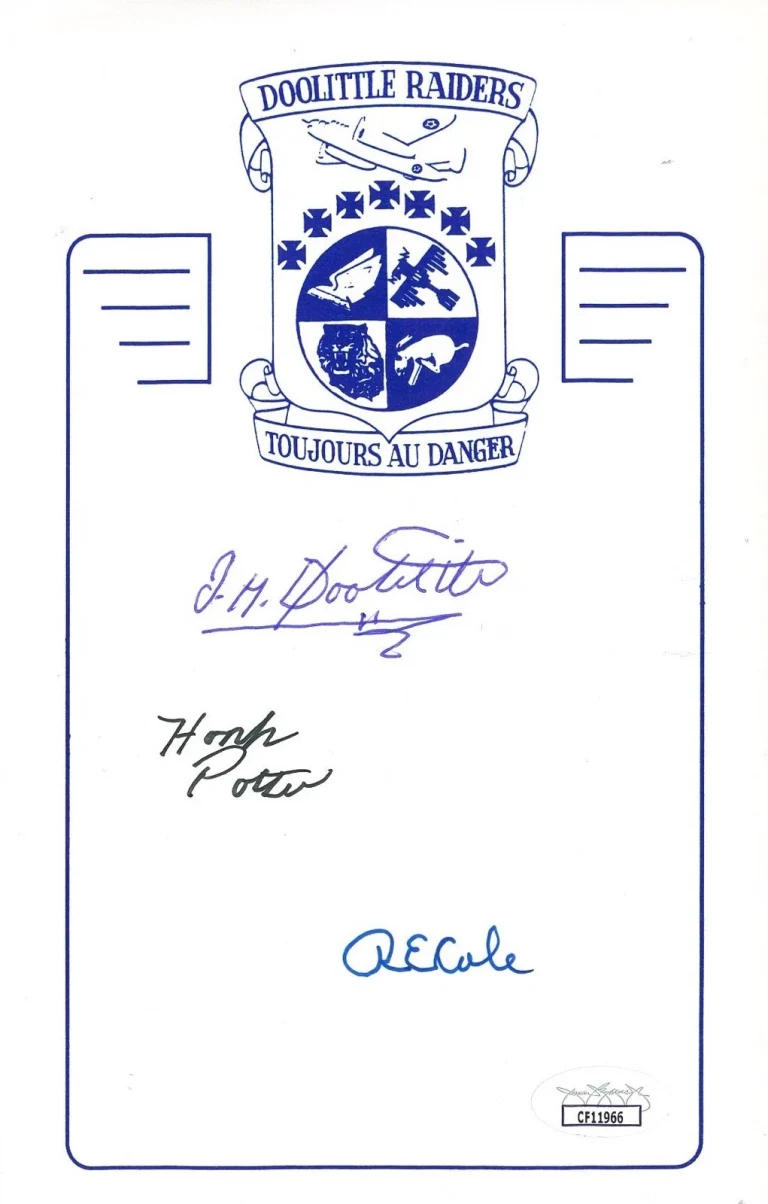 WWII DOOLITTLE RAIDERS MULTI SIGNED BOOKPLATE JSA X3 DOOLITTLE COLE POTTER