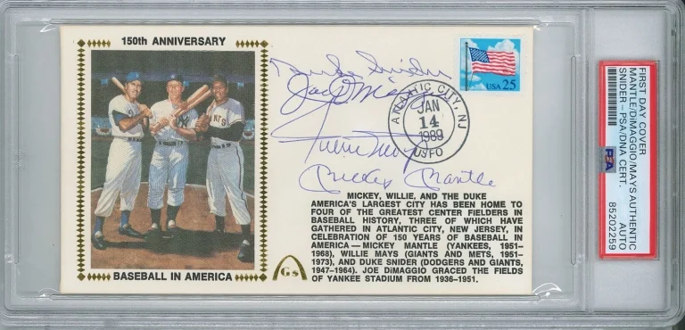 MANTLE MAYS SNIDER DIMAGGIO Signed Baseball In America FDC PSA 85202259