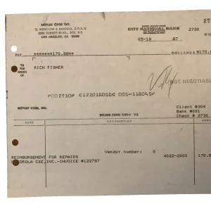 Vince Neil Motley Crue Signed Original CARBON COPY Vintage 1987 Receipe RARE