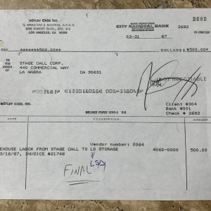 Nikki Sixx Motley Crue Signed Original CARBON COPY Vintage 1987 Receipe RARE