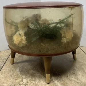 Inflatable Foot Stool Terrarium Round MCM Retro White & Pink  Flowers 1960s RARE