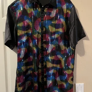 70s Jogal Disco Shirt Metallic Sequins Short Sleeve Button Down  Retro Size L
