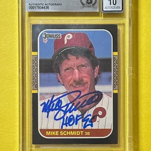 1968 DONRUSS MIKE SCHMIDT #139 SIGNED AUTO BECKETT AUTH 10 INSCRIBED "HOF 25"