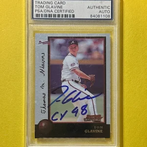 1998 BOWMAN CHROME TOM GLAVINE PSA AUTHENTIC AUTOGRAPHED CARD INSCR "CY YOUNG"