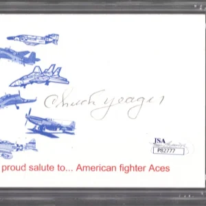 CHUCK YEAGER HAND SIGNED SALUTE TO FIGHTER ACES CARD            JSA+PSA SLABBED