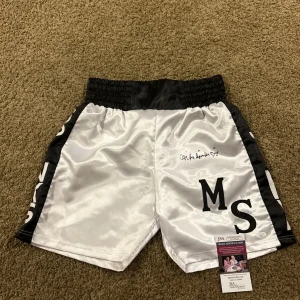 MIKE MICHAEL SPINKS JINX SIGNED AUTOGRAPH BOXING TRUNKS SHORTS JSA COA BOXER HOF