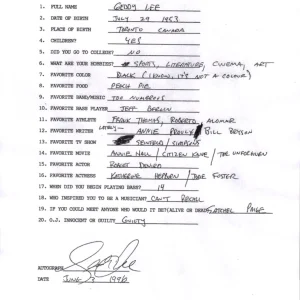 GEDDY LEE SIGNED+FILLED OUT 20 QUESTIONS        RUSH BASS PLAYER+SINGER