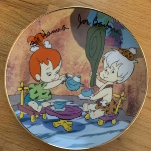 HANNA-BARBERA HAND SIGNED 1994 FLINTSTONES PLATE PEBBLES+BAM BAM JSA
