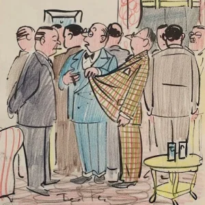 TED KEY SIGNED ORIGINAL 1950's COLOR ARTWORK     PLAID SUIT     HAZEL CARTOONIST
