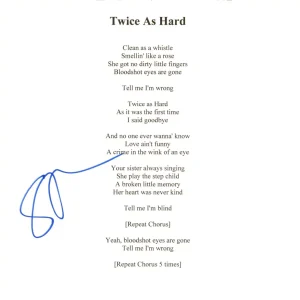 Steve Gorman The Black Crowes Signed "Twice As Hard" Lyric Sheet Autograph ACOA
