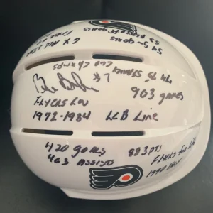 BILL BARBER HAND SIGNED FLYERS HOCKEY MINI-HELMET+JSA            13 INSCRIPTIONS