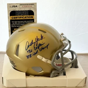Andy Heck signed Notre Dame Fighting Irish mini helmet W/ Inscriptions JSA