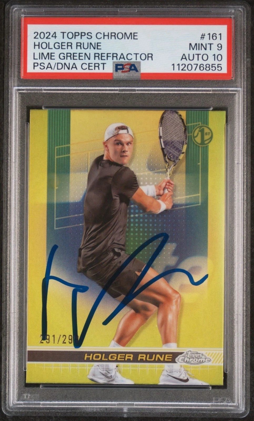 161 Rune 2024 Topps Chrome #161 Holger Rune Lime Green Refractor /299 AUTO PSA ...