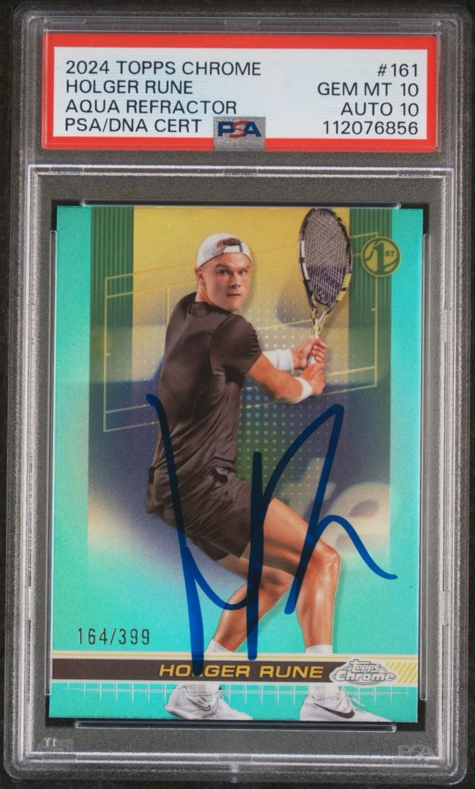 161 Rune 2024 Topps Chrome #161 Holger Rune 1st Aqua Refractor /399 AUTO PSA GEM ...