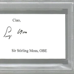 STIRLING MOSS HAND SIGNED CUT SIGNATURE     FORMULA 1 RACE LEGEND    PSA SLABBED